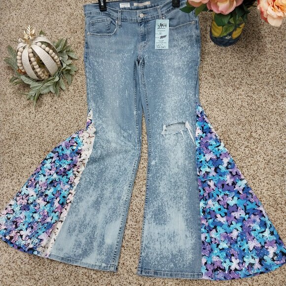 Handmade Denim - 3779 Size 30 Levis 524 Upcycled Bleach Dyed Butterfly Print Bell-Bottoms.